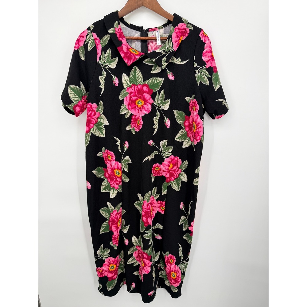 P!phany Harlem Dress Women 2X Black Pink Floral NWT Peter Pan Collar Crepe Shift